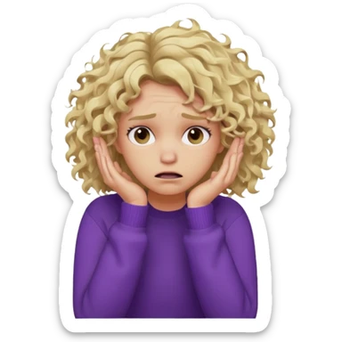 Emoji-style illustration of a frustrated young woman, messy curly tousled blonde hair, wearing a purple sweater, holding her face in her hands, expressing annoyance and disappointment, cartoonish, expressive, simple lines, flat colors, clear silhouette,  sticker