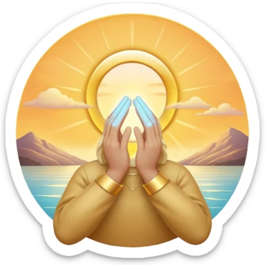 glowing sunrise emoji with spiritual symbols like subtle halo or aura, hands in prayer, tranquil uplifting atmosphere, soft gold and pastel tones sticker