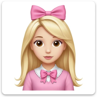 Create a custom emoji of a coquette-style girl with long blonde hair, brown eyes, fair skin, wearing a pink outfit with a cute bow in her hair. sticker