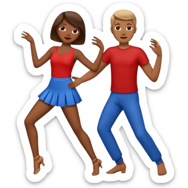two people dancing together, one wearing red and one wearing blue sticker
