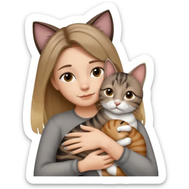 Une femme avec les cheveux dégradée, brun et blond, qui fait un câlin à son chat gris, tigré avec les extrémités que pattes pointe d’oreilles noires et le dessous du menton blanc la fille n’a pas d’oreilles, il n’y a qu’un seul chat sticker