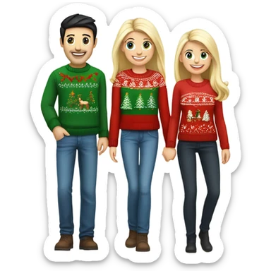 Happy white couple wearing Christmas jumper and blue jeans, man with black hair, woman blonde long sticker