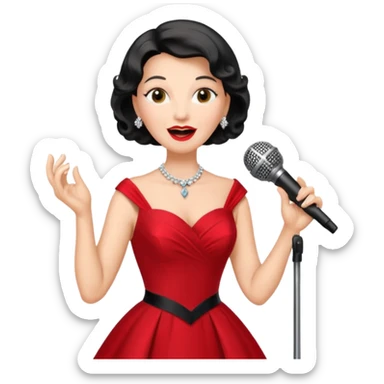 Older woman – elegant gown, 50s, diva, red dress, singing into mic sticker
