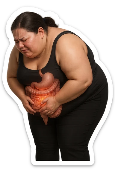 DONNA OBESA PIEGATA IN AVANTI CON INTESTINO ANATOMICO IN EVIDENZA, MAL DI PANCIA iperrealistico 4k sticker