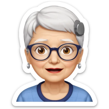Create me emoji of an old lady. Short white hair to left side. Square glasses. Brown eyes. Rounded really big and wide face. Wide nose. Big mounth sticker