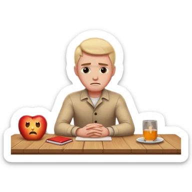 a man sits sadly at a table, a house burning fiercely behind him, apple style emoji sticker