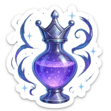 prabangus eliksyro buteliukas, maža karūnos forma, spalva #7986cb, sidabrinės ir holografinės detalės, daug magiškų efektų, labai mažas kaklelis, vientisas dugnas, skaidrus fonas, buteliukas plūduriuoja ore, be pagrindo ar šešėlio, modernus, kolekcijai tinkamas sticker