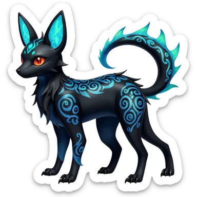 Shiny Fiery Dark Ugly Evil Realistic Glowing Eldritch Horror Cool Edgy Badass Emo Glorious Demonic Batty Punky Aural Iridescent Fluorescent Bioluminescent Umbreon-Amaura-Salandit-Litten-Flareon-Fakémon-fusion (full body) with intricate pattern markings sticker