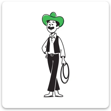 Cowboy wearing a bright green hat with no star, lasso in hand, western outfit sticker
