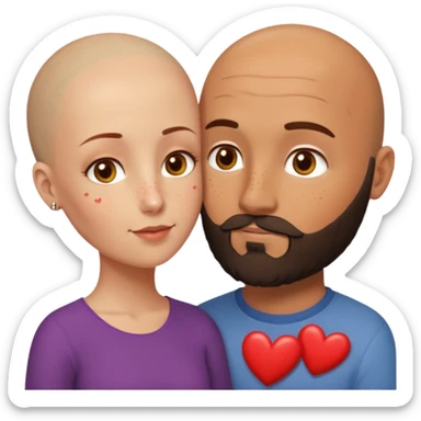 Couple. Bald man with dark brown-black beard. Woman with many small, faded, round freckles, white skin and she has auburn-yellow-brown-caramel-cinnamon dark hair. She has light yellow-brown eyes. He have hazel eyes. They look at each other. Many small red hearts around them. sticker