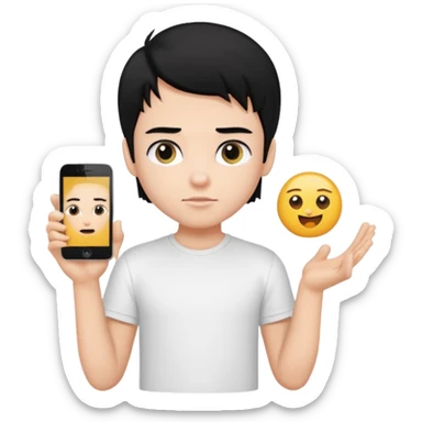 generate a pretty bratz emoji of a boy with black hair wearing a white tshirt and holding a cT sticker