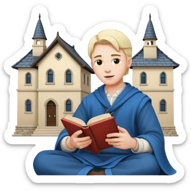 a man in clan clothes reads a book and twists a building in his hand  sticker
