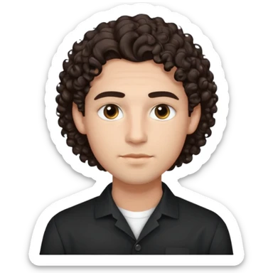He’s a young man with light to medium skin, a defined oval face, full brows, deep-set eyes, and voluminous curly dark brown hair styled with height. expression calm and focused relaxed black open-collar shirt.polished, articulate, and professional vibe. sticker
