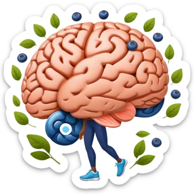brain surrounded by healthy lifestyle choices, exercising, salmon, dark chocolate, blueberries, seeds, leafy greens . brain booster sticker