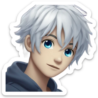 young anime boy with white hair and blue sparle eyes sticker