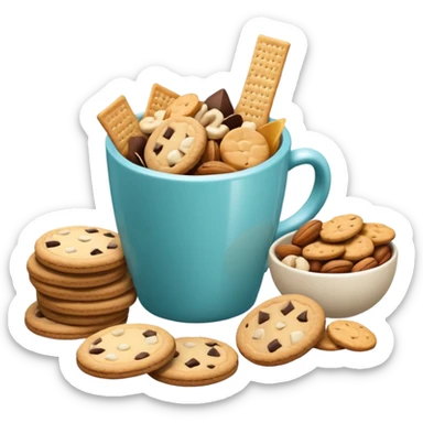 3D minimal icon with a variety of snacks (chips, cookies, crackers, nuts) arranged abundantly, plus a small neutral cup (not a soda cup). Include a subtle accent in #FF3D00. Clean and modern style. sticker