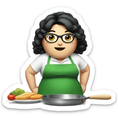 chubby lady with black hair green apron  with glasses cooking  sticker