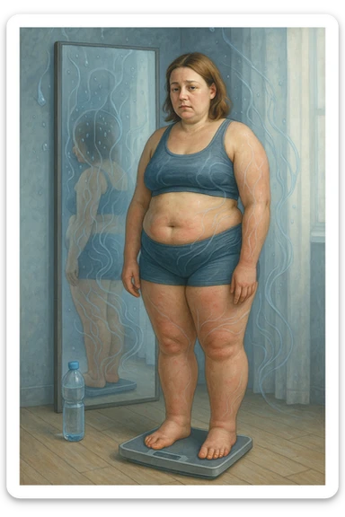 Donna tra i 30 e i 40 anni con viso e corpo leggermente gonfi, in piedi davanti allo specchio in abbigliamento sportivo o intimo. Le gambe, le caviglie e l’addome appaiono visibilmente gonfi, con lieve arrossamento o sensazione di pesantezza. Accanto a lei una bilancia e una bottiglia d’acqua mezza piena. Espressione stanca ma consapevole. In trasparenza o simbolicamente, piccole gocce d’acqua o flussi liquidi bloccati, per rappresentare la ritenzione. Colori freddi, luce naturale e ambiente domestico. Stile realistico, con accenti simbolici ben comprensibili IN ITALIANO sticker
