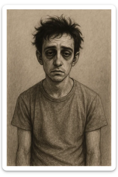 an exhausted person with dark circles under eyes, drooping shoulders, messy hair, neutral background sticker