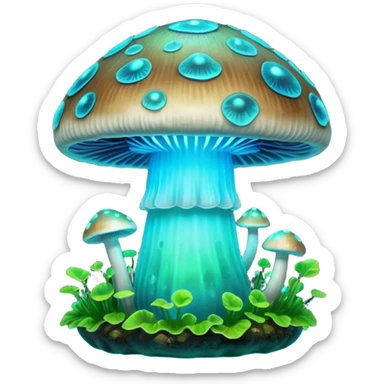 3D render of Glowing Mushroom, bioluminescent deep sea style, glowing neon blue and green lights, dark background to contrast the glow, translucent organic textures. sticker
