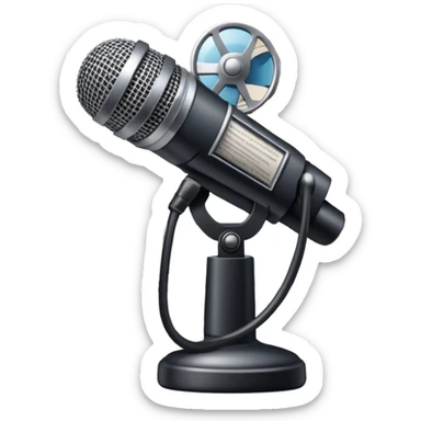 An icon featuring a microphone, a newspaper, a professional camera, representing journalism and mass media. The design includes headlines and imagery, symbolizing the spread of news and information. Transparent background highlights the power of communication and media. sticker