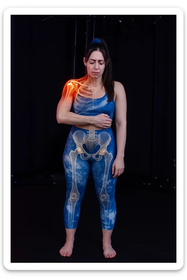 A woman with shoulder pain, add anatomically highlighted shoulders on the body, variant 2, in a style suitable for editing and anatomical emphasis. sticker