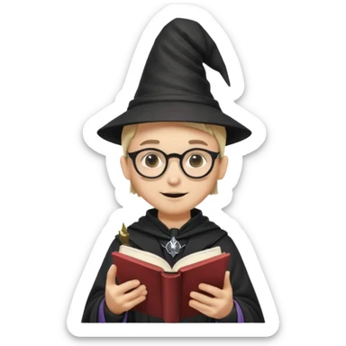 ["A happy boy with light skin, ponytail, wearing a wizard hat and square glasses, dressed in goth fashion, is reading a book while holding a phone."] sticker