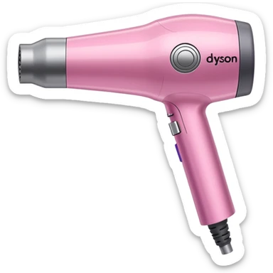 A pink Dyson Supersonic hair dryer, slight angle, realistic style, Features the distinctive hollow circular head with the barrel running through the center, sleek modern design, glossy pink finish with metallic silver accents on the nozzle ring.  sticker