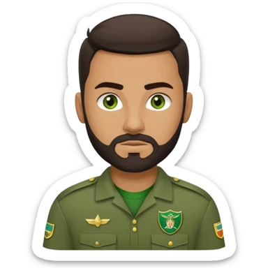 A strong young man, with a dark brown short goatie beard, thick eyebrows, green eyes, faded styled dark brown hair, and a green Uniform that says on the left chest "CC Team Seba" sticker
