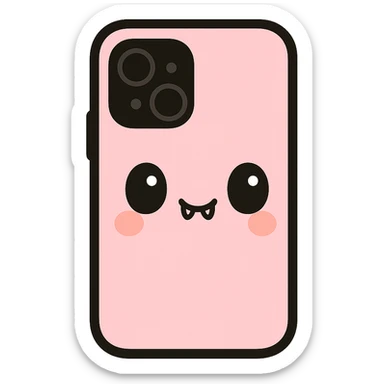 Remove any purse or purse-matching elements. Focus only on a pink and black gothic phone case in kawaii style with big eyes, cute fangs, playful, cartoonish. No purse references. No background. sticker