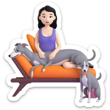 Very thin Chinese woman with long black hair relaxing in a luxurious hotel suite with exactly ONE whippet dog. EXTREME IMPORTANCE: the whippet must be ONE SOLID MEDIUM GREY COLOR (not too dark, not too light) from nose to tail with ABSOLUTELY NO WHITE MARKINGS anywhere - NO white on face, NO white on muzzle, NO white on chest, NO white on paws, NO white on tail - NOTHING BUT A SINGLE SHADE OF MEDIUM GREY throughout the entire animal sticker