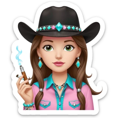 White girl, black cowboy hate with turquoise hat band sparkling, long brown straight hair, pink and black western shirt, smoking a joint,  big diamond earrings sticker