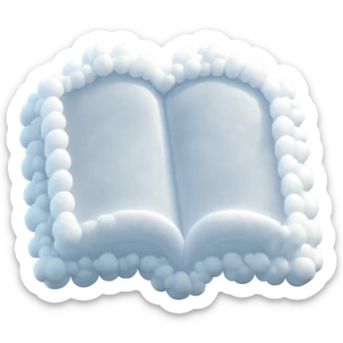 top view of a thick open book made entirely of small, very bright white fluffy convex clouds, matte glass style sticker