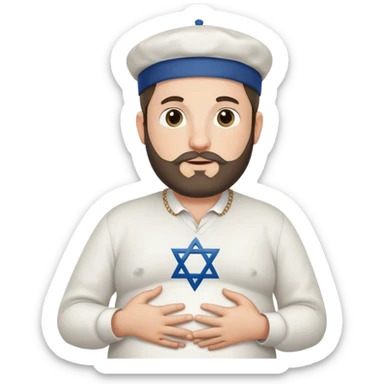 Pregnant Jewish man facing left with hands on belly, wearing a kippah and Star of David necklace, with facial hair sticker