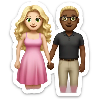 Curvy woman with long blonde hair and green eyes wearing a pink dress and holding hands with a brown man with short curly black hair and glasses sticker