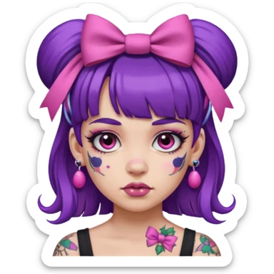 girl with bangs and purple hair and pink hairbow on the side of head and earrings and very heavy face tattoos sticker
