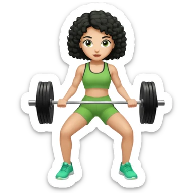 woman with olive skin and curly black hair wearing a green workout outfit (shorts) and lifting weights sticker
