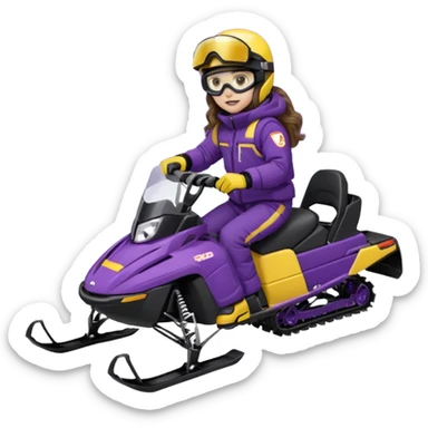 Brown, long wavy hair, ski-doo jacket and pants ski doo boots helmet and goggles, dark purple sled Sitting on dark purple snowmobile goggles and helmet not covering my face brown eyes white skin dark purple formula 1995 snowmobile sticker