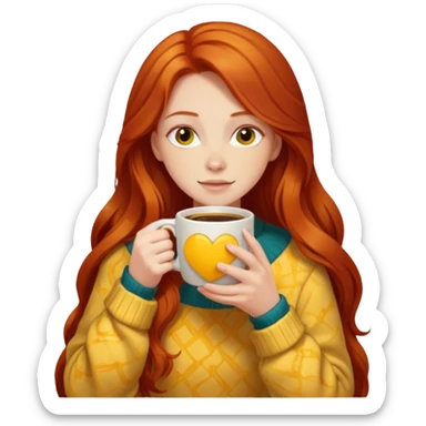 Happy long haired redhead hugging big yellow marble drinking coffee sticker