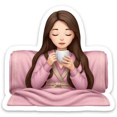 Brunette long hair lady inside a beige and light pink blanket sipping coffe with eyes closed  sticker