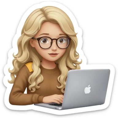 blonde girl with long dark blonde wavy hair, pantos-style glasses, a brown sweater, sitting and looking in laptop, soft pastel, upper body shot sticker