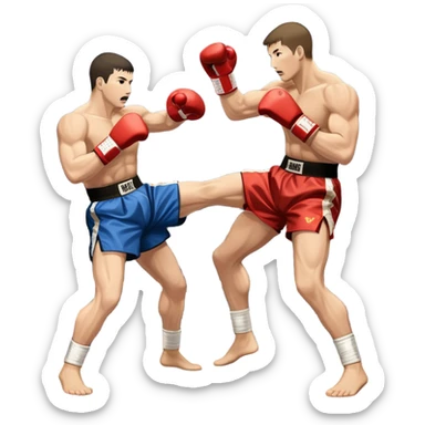 An icon symbolizing kickboxing, featuring two fighters in the midst of an intense match. One throws a powerful roundhouse kick, while the other counters with a punch. The background shows a ring, with ropes and a cheering crowd. Transparent background highlights the action and strength sticker