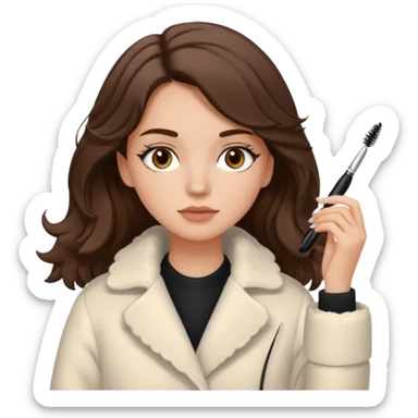 Garota branca de cabelos levemente ondulados castanhos escuros médio aplicando máscara de cílios, ela veste casaco off white estilo cozy sticker