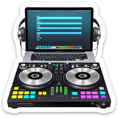 Create a professional and technical emoji that represents remixing music. The design should feature a high-end DJ controller, turntables with vinyl records, and a sound mixing console with faders to symbolize the technical aspects of remixing. Include elements like studio headphones and a laptop or digital audio workstation (DAW) screen to reflect the tools used in music production. Use colors like black, silver, and neon accents to convey the professional, high-tech nature of remixing. The background should be transparent. sticker