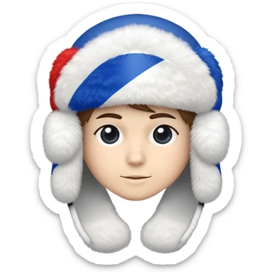 white ushanka winter hat with Russian tricolor flag (white, blue, red) prominently displayed on the front sticker