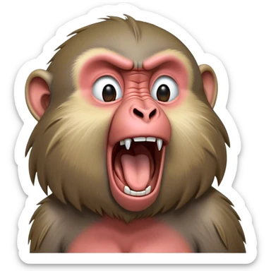Cinematic Realistic Cute Yawning Baboon Portrait Emoji, Head tilted slightly with a dramatic, wide-open yawn, showcasing a soft, textured face with gently drooping features and half-closed, drowsy eyes, rendered with lifelike natural detail and warm shadows, high shine, relaxed yet expressive, styled with a dash of wild charm, soft glowing outline, capturing the essence of a sleepy yet affectionate baboon that appears ready to stretch out for a hearty nap! sticker