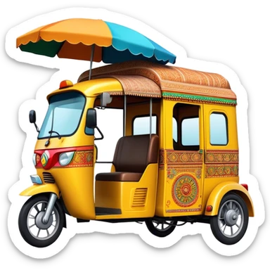 Cinematic Realistic Indian Auto Rickshaw Emoji, depicted as a colorful, bustling auto rickshaw with intricate designs and vibrant hues, rendered with lively textures and dynamic urban lighting that captures its quintessential presence in Indian cities. sticker