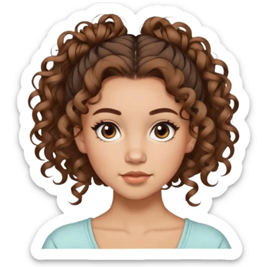 Chica con pelo rizado, marron, por la altura del omoplato, con peinado messy bun, con rulos de mechones, delante de las rejas otro mini rulo, y con baby hairs sticker