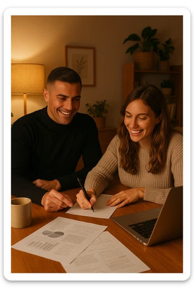 a man and woman work together on a project at home, with the man offering guidance and the woman actively participating and contributing ideas. Their expressions show teamwork and satisfaction, highlighting the benefits of collaboration and shared leadership. The setting is warm and inviting. sticker