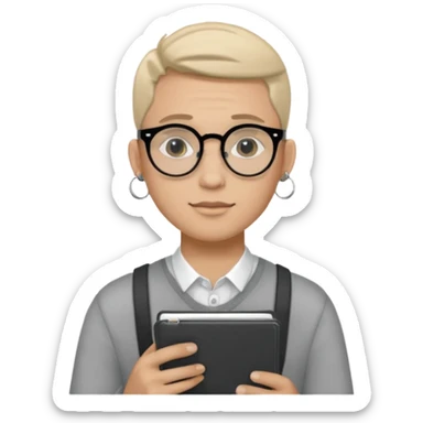 A man in his 20s wearing an apnotebook, wearing radio earrings, round glasses, achromatic clothes sticker